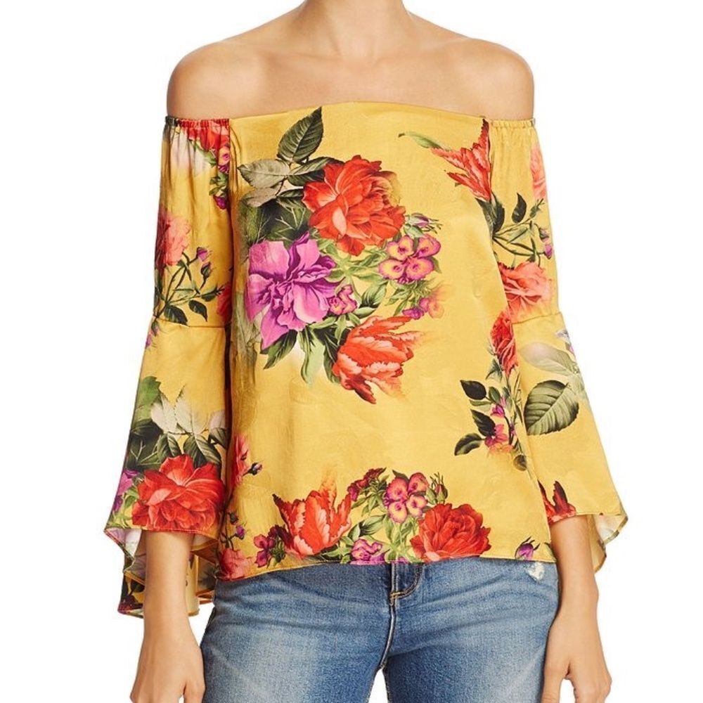 Alice + Olivia Shera Off Shoulder Yellow Floral Bell Sleeve Top Sz XS
